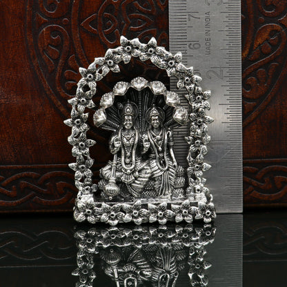 925 Sterling silver floral Indian idols of Laxmi and Vishnu with snake statue, decorative puja articles, handmade tribal ornament.