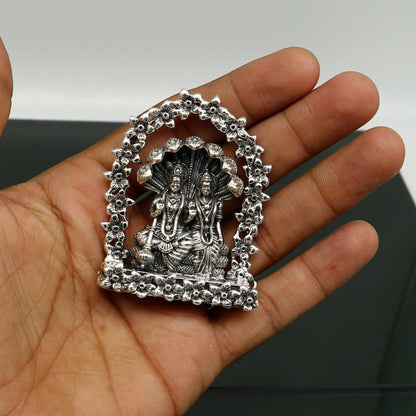 Sterling silver Indian idols of Laxmi and Vishnu with snake statue, floral design, decorative puja gift figurine by TRIBAL ORNAMENTS