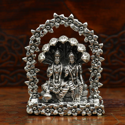 925 Sterling silver Indian idols of Laxmi and Vishnu with snake statue, floral design, decorative puja gift figurine by Tribal Ornaments