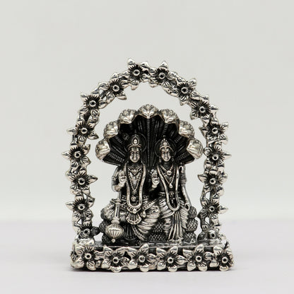 925 Sterling silver Indian idols of Laxmi and Vishnu with snake, floral design, decorative puja figurine, handmade religious art.