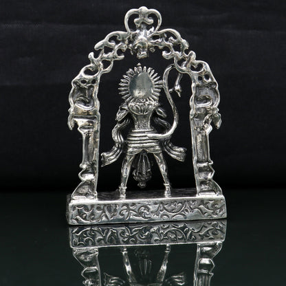 Handmade 925 Sterling silver Lord Hanuman standing idol with floral design, ideal for puja and decorative gift purposes.