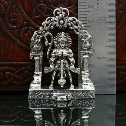 Sterling silver handmade Lord Hanuman idol statue with floral design, ideal for puja and decorative gift.