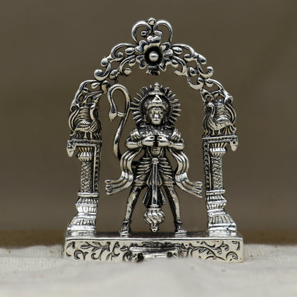 Sterling silver Lord Hanuman idol statue with floral design, handmade Indian figurine for puja and decorative gifting.