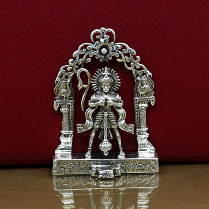 Sterling silver Lord Hanuman standing idol with floral design, handmade Indian figurine for puja and decorative display.