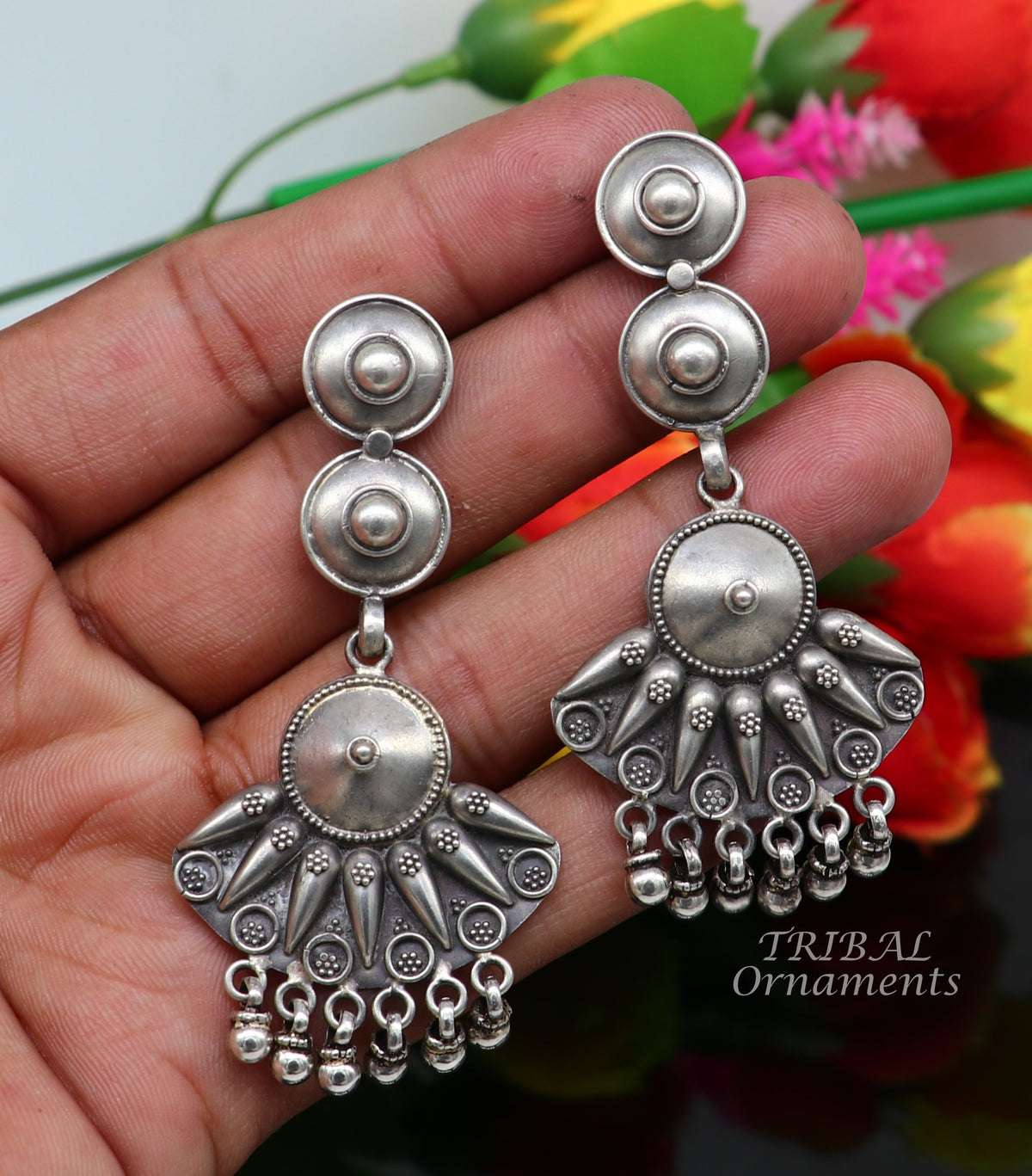 925 Sterling silver handmade flower design stud earrings with drops, excellent customized penalized bridesmaid girls jewelry gifting s1074 - TRIBAL ORNAMENTS