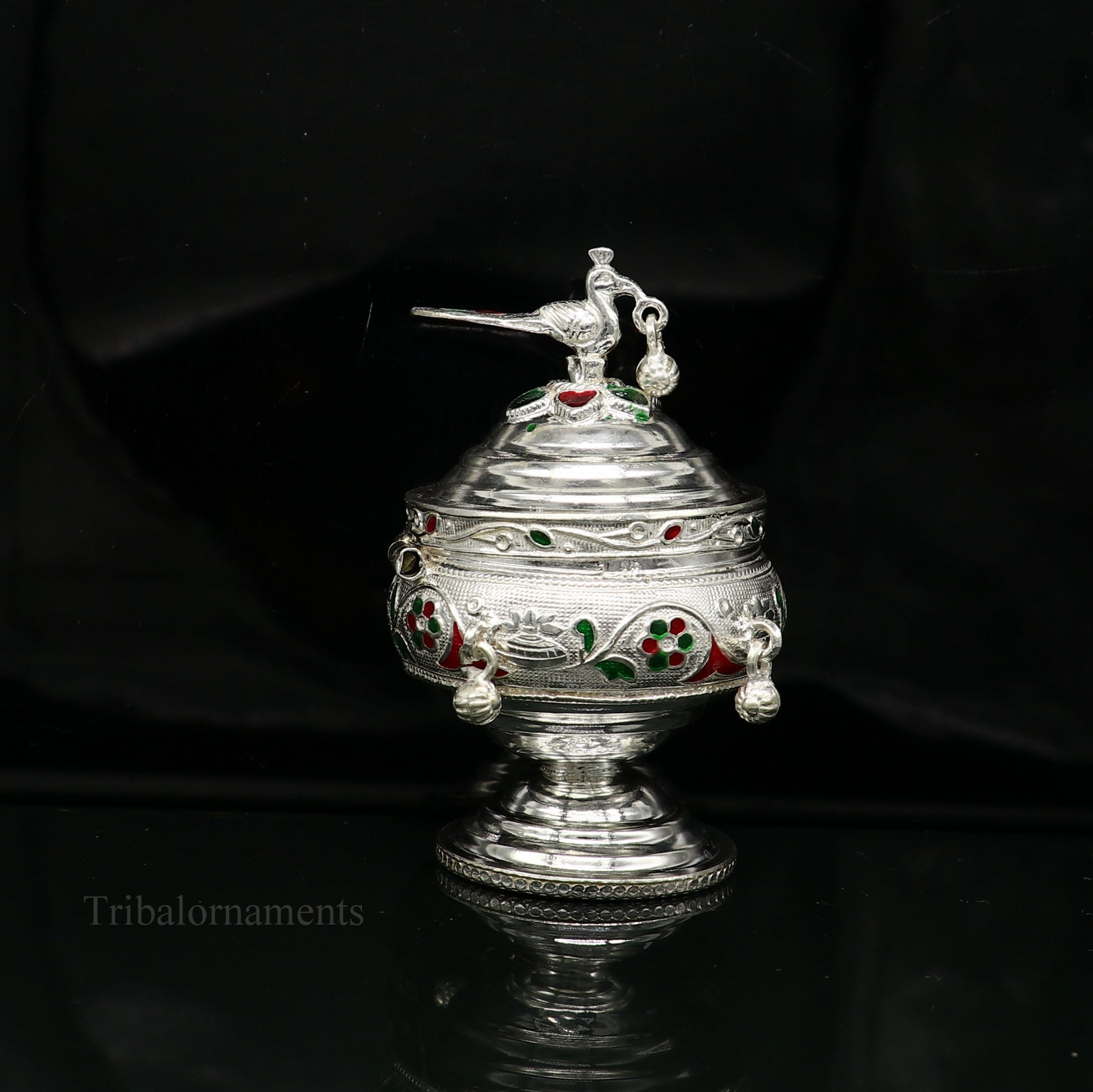 925 sterling silver handmade flower work enamel design vintage trinket box, brides accessories, kumkum sindur box, idols prasad box stb156 - TRIBAL ORNAMENTS
