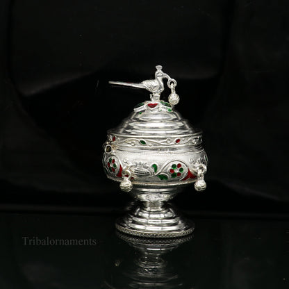 925 sterling silver handmade flower work enamel design vintage trinket box, brides accessories, kumkum sindur box, idols prasad box stb156 - TRIBAL ORNAMENTS