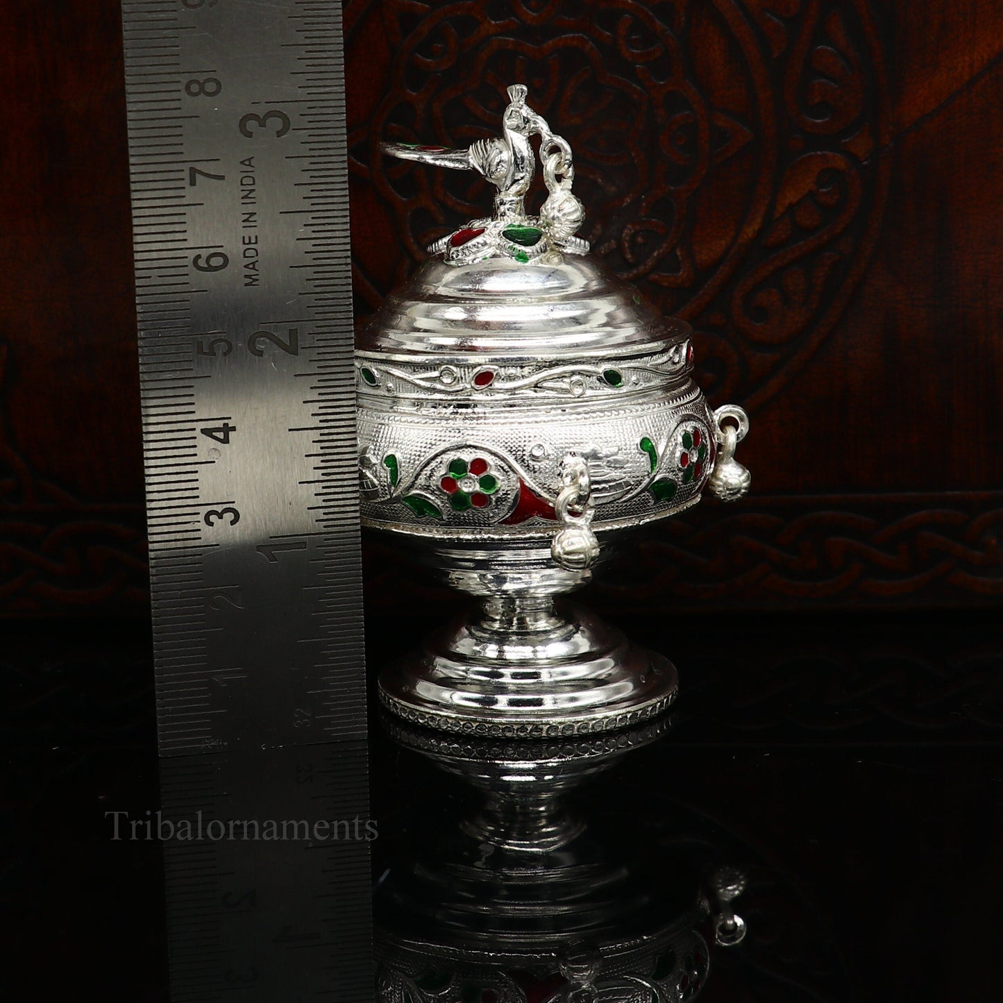 925 sterling silver handmade flower work enamel design vintage trinket box, brides accessories, kumkum sindur box, idols prasad box stb156 - TRIBAL ORNAMENTS