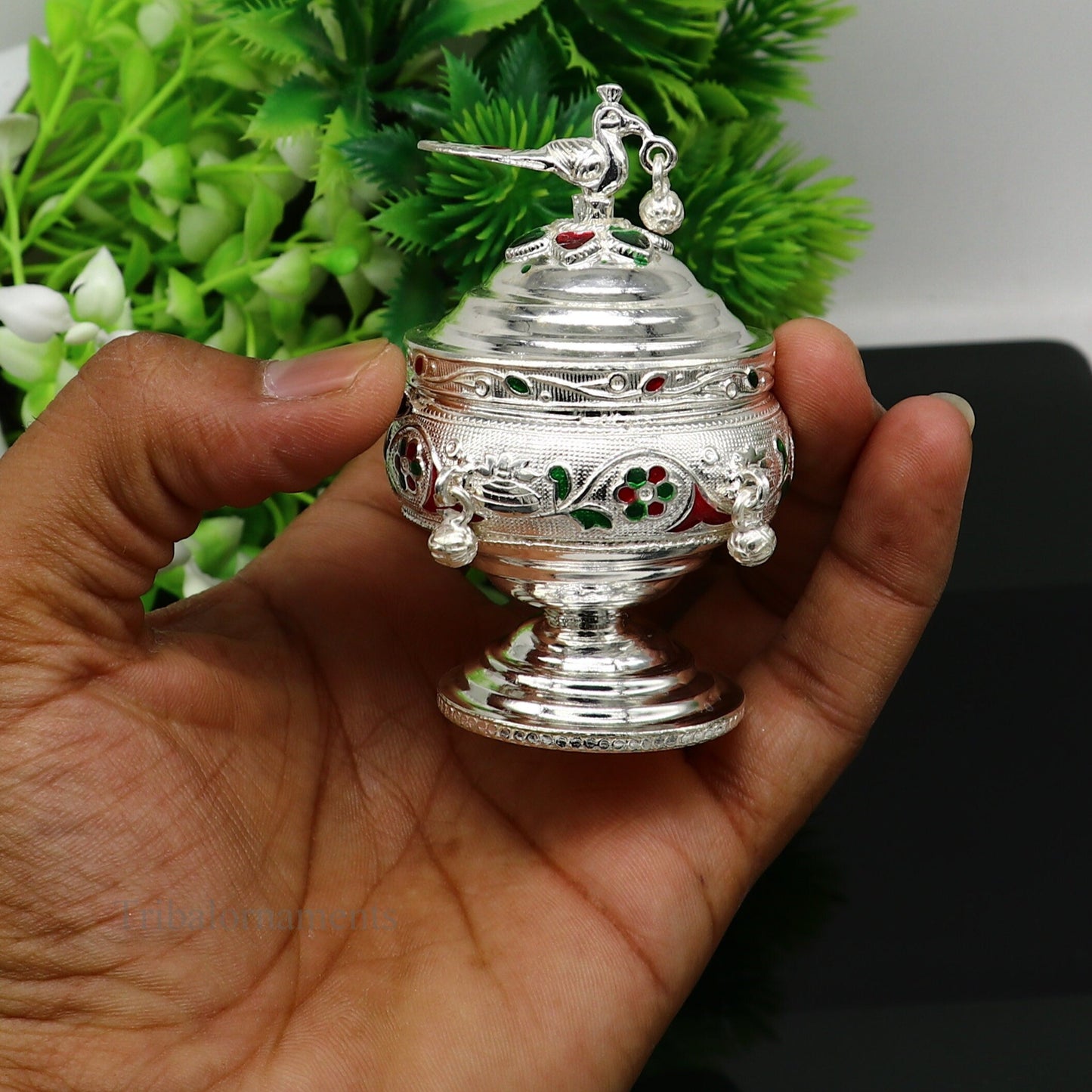 925 sterling silver handmade flower work enamel design vintage trinket box, brides accessories, kumkum sindur box, idols prasad box stb156 - TRIBAL ORNAMENTS