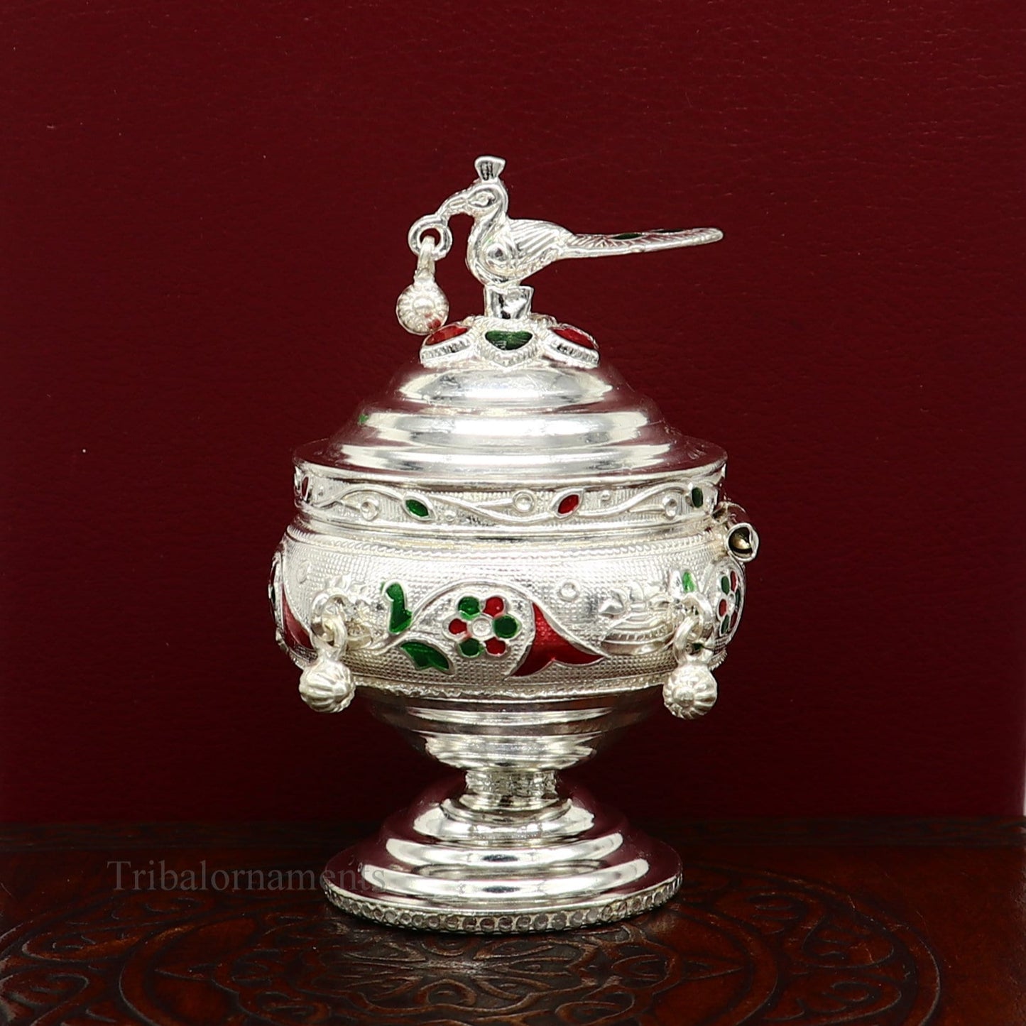 925 sterling silver handmade flower work enamel design vintage trinket box, brides accessories, kumkum sindur box, idols prasad box stb156 - TRIBAL ORNAMENTS