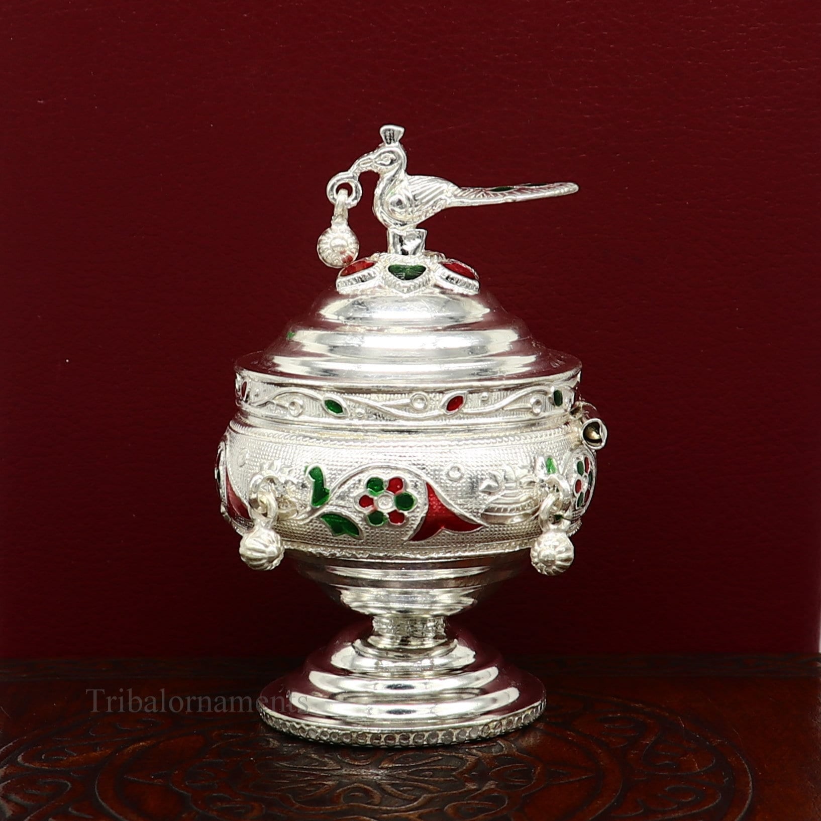925 sterling silver handmade flower work enamel design vintage trinket box, brides accessories, kumkum sindur box, idols prasad box stb156 - TRIBAL ORNAMENTS