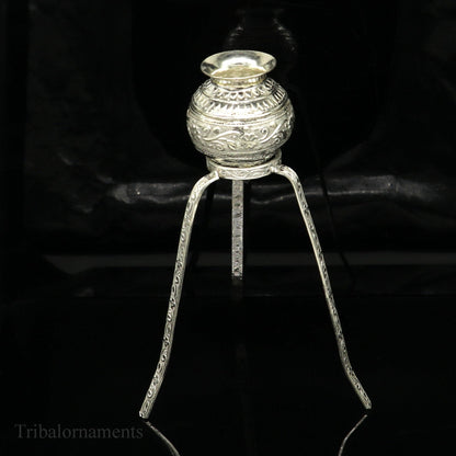 Sterling silver handmade Shiva Lingam water flow pot for puja and Abhishek, traditional Indian worshipping article from Tribal Ornaments.