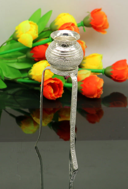 Handmade 925 sterling silver Shiva Lingam water flow pot for puja and Abhishek, traditional Indian worship tool.