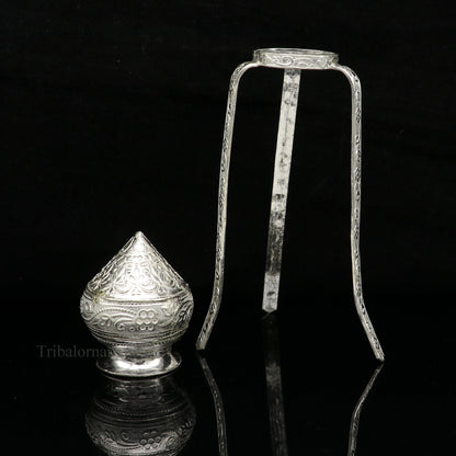 Handmade 925 sterling silver Shiva Lingam water flow pot for puja and Abhishek, traditional Indian worship article by TRIBAL ORNAMENTS.
