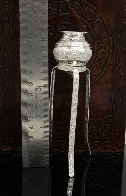 Handmade 925 sterling silver Shiva Lingam water flow pot for puja and Abhishek, traditional Indian worship ornament by Tribal Ornaments.