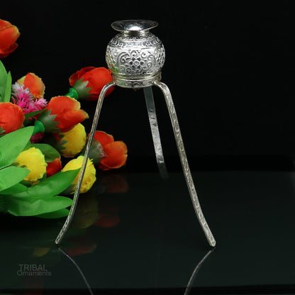 Handmade 925 sterling silver Shiva Lingam water flow pot for Abhishek, traditional Indian puja kalash for worship.