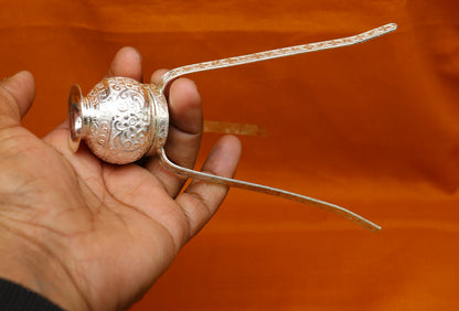 925 sterling silver Shiva Lingam water flow pot for Abhishek, handmade Indian puja kalas for worship and ritual offerings.