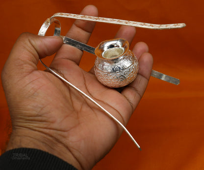925 sterling silver handmade Shiva Lingam water flow pot for puja and Abhishek, traditional Indian worshiping article from Tribal Ornaments.