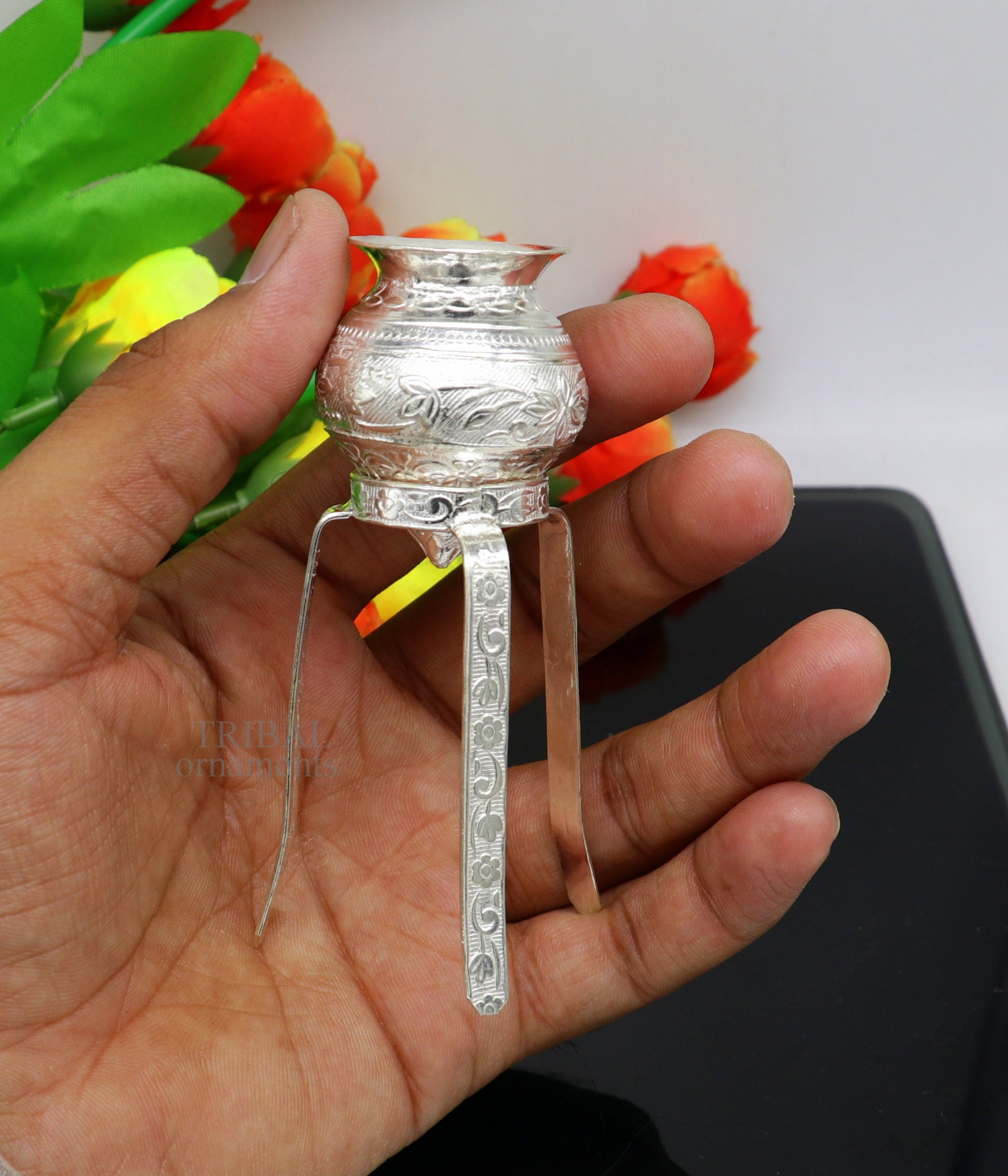 925 sterling silver handmade God shiva lingam water flow pot or puja kalas for Abhishek of lingam, best worshipping article from india su735 - TRIBAL ORNAMENTS