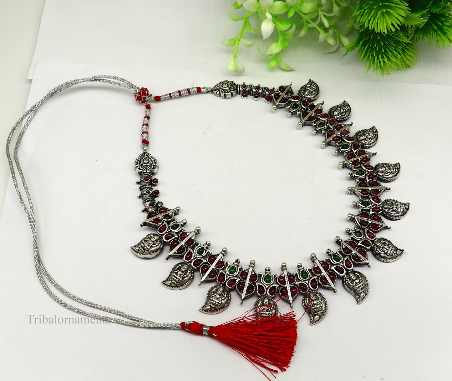 Sterling silver Goddess Laxmi necklace with cut stone work, handmade wedding Guttapusalu jewelry set by TRIBAL ORNAMENTS.