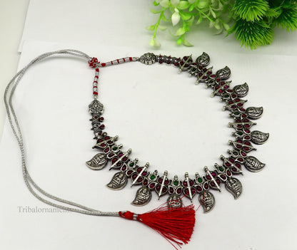 Sterling silver Goddess Laxmi necklace with cut stone work, handmade wedding Guttapusalu jewelry set by TRIBAL ORNAMENTS.