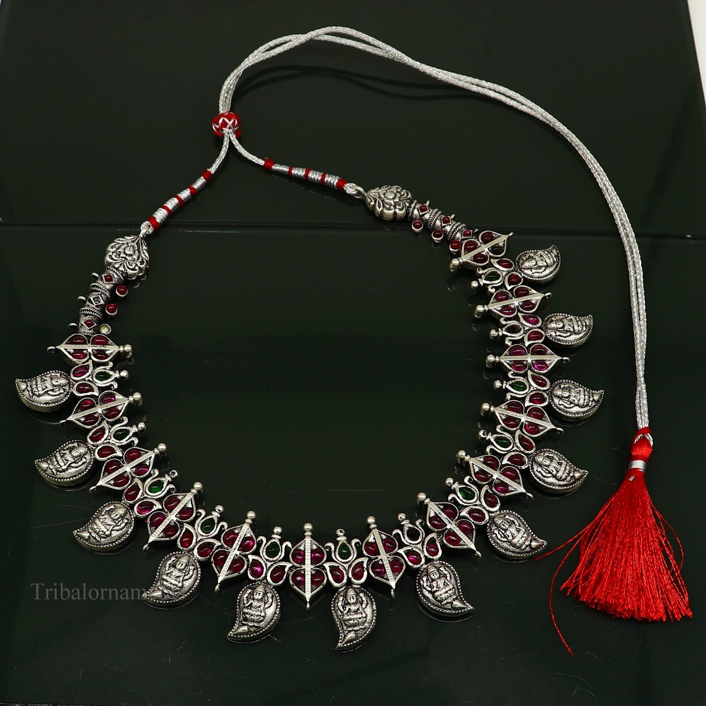 Sterling silver handmade Goddess Laxmi necklace with cut stones, traditional Guttapusalu wedding jewelry set by Tribal Ornaments.