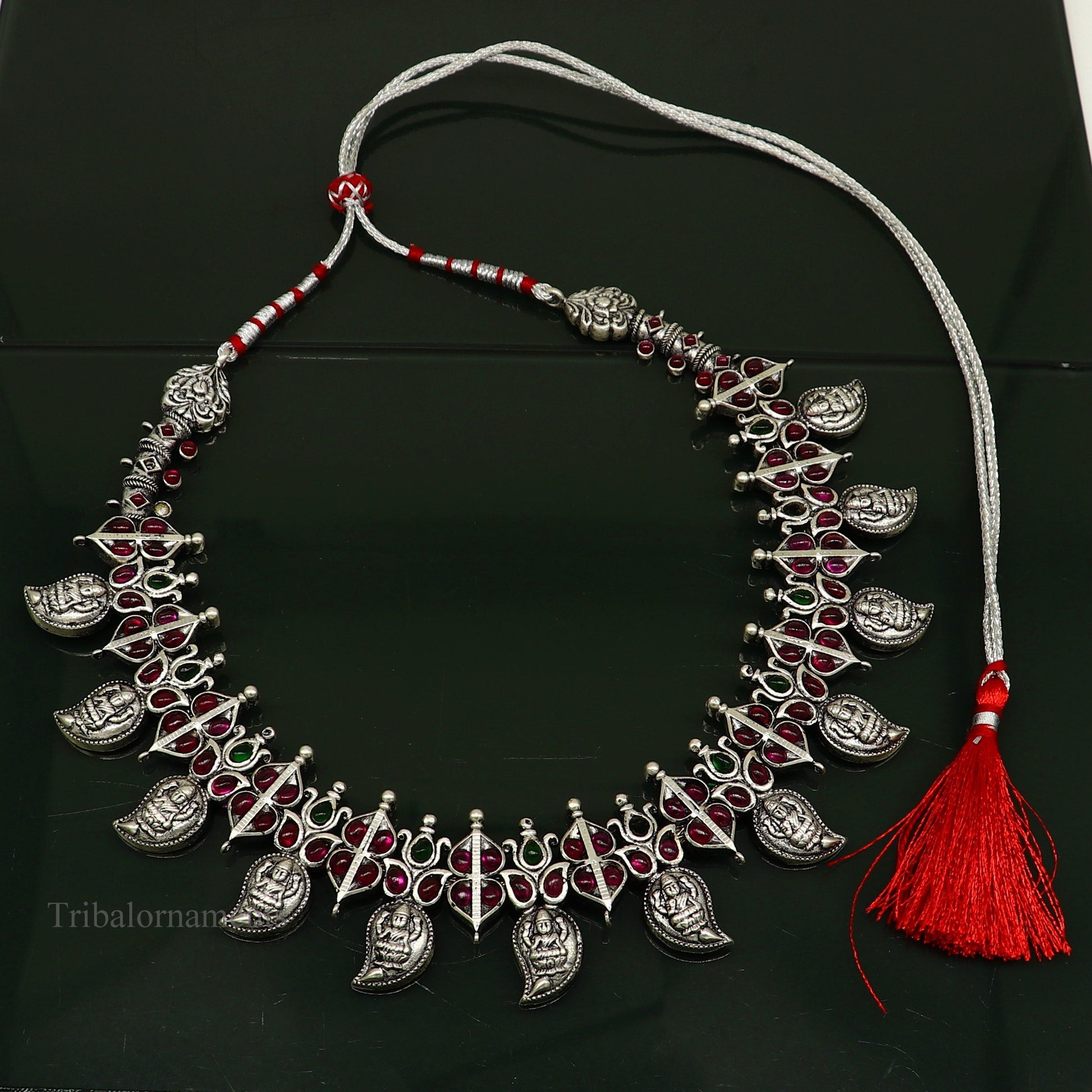 Sterling silver handmade Goddess Laxmi necklace with cut stones, traditional Guttapusalu wedding jewelry set by Tribal Ornaments.