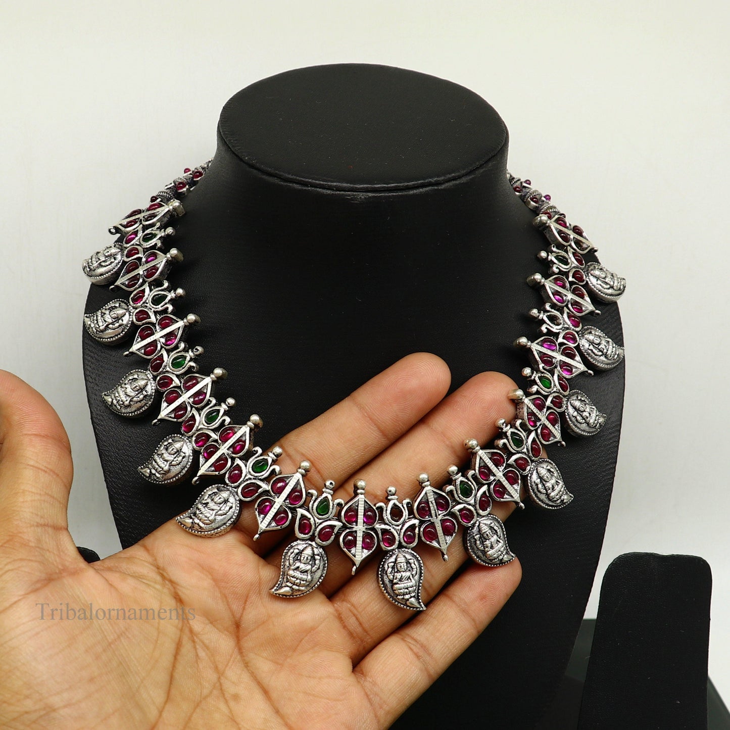 Sterling silver Goddess Laxmi wedding necklace with cut stone work and Guttapusalu charms, traditional bridal jewelry set.