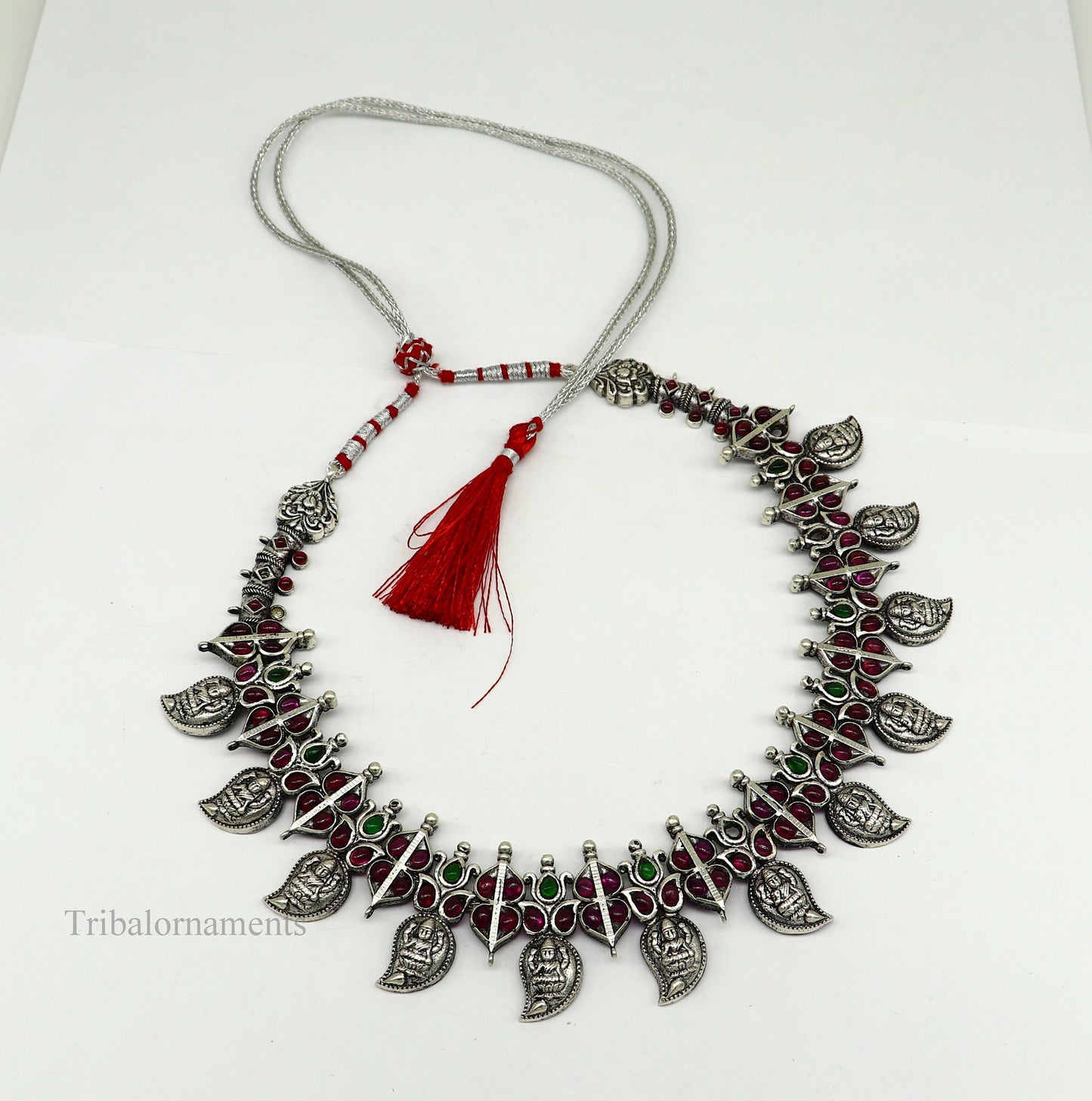 Sterling silver handmade Goddess Laxmi necklace with cut stone work, bridal wedding Guttapusalu jewelry set by Tribal Ornaments.