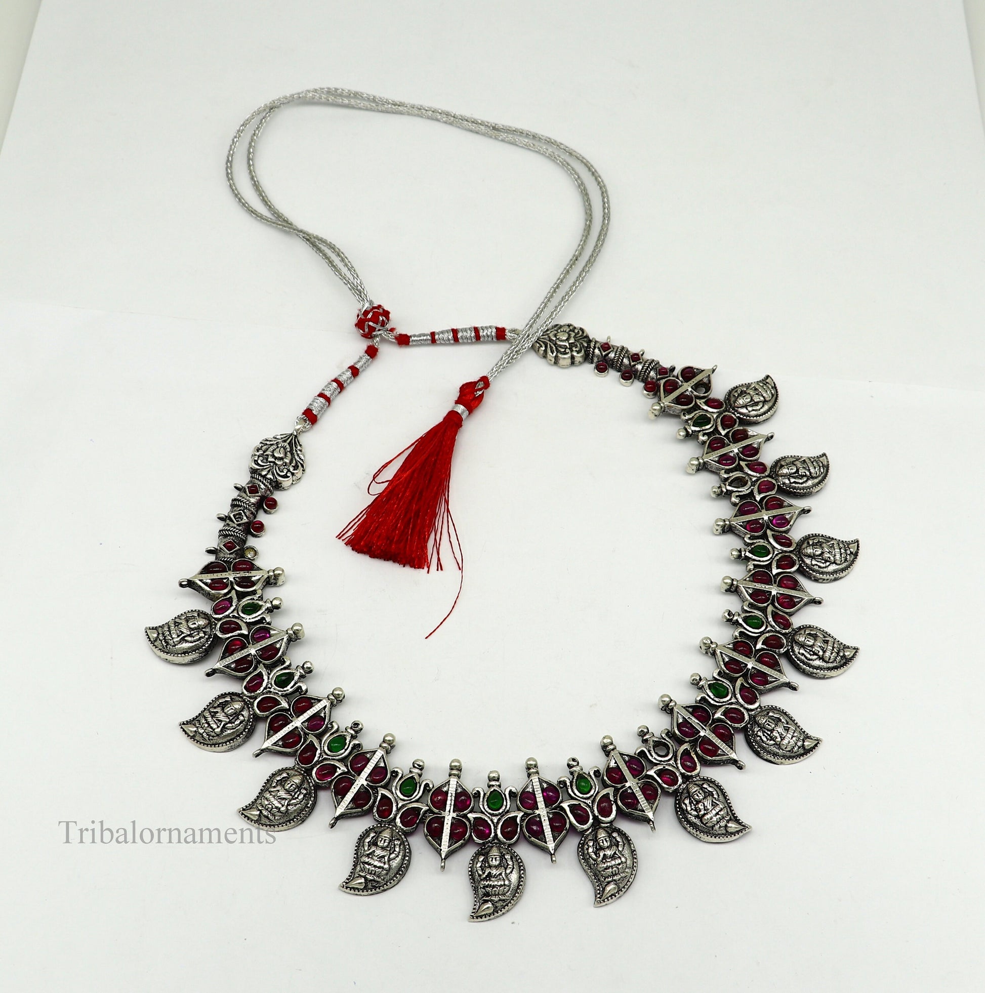 Sterling silver handmade Goddess Laxmi necklace with cut stone work, bridal wedding Guttapusalu jewelry set by Tribal Ornaments.