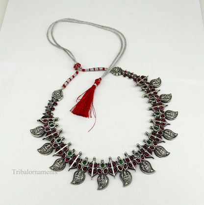 Sterling silver handmade Goddess Laxmi necklace with cut stone work, bridal wedding Guttapusalu jewelry set by Tribal Ornaments.
