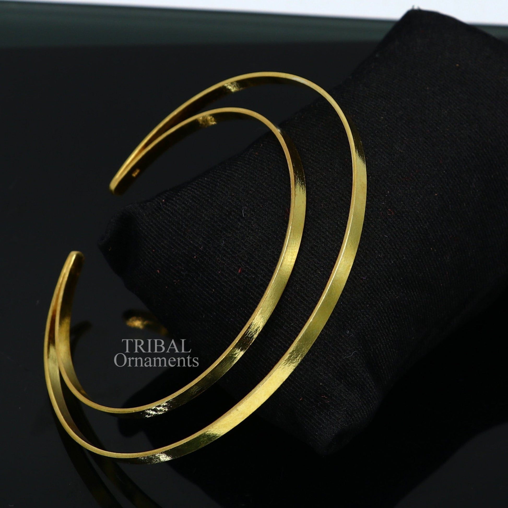 925 sterling silver handmade gold polished bangle bracelet double layer cuff kada jewelry, tribal belly dance jewelry from india hnssk731 - TRIBAL ORNAMENTS