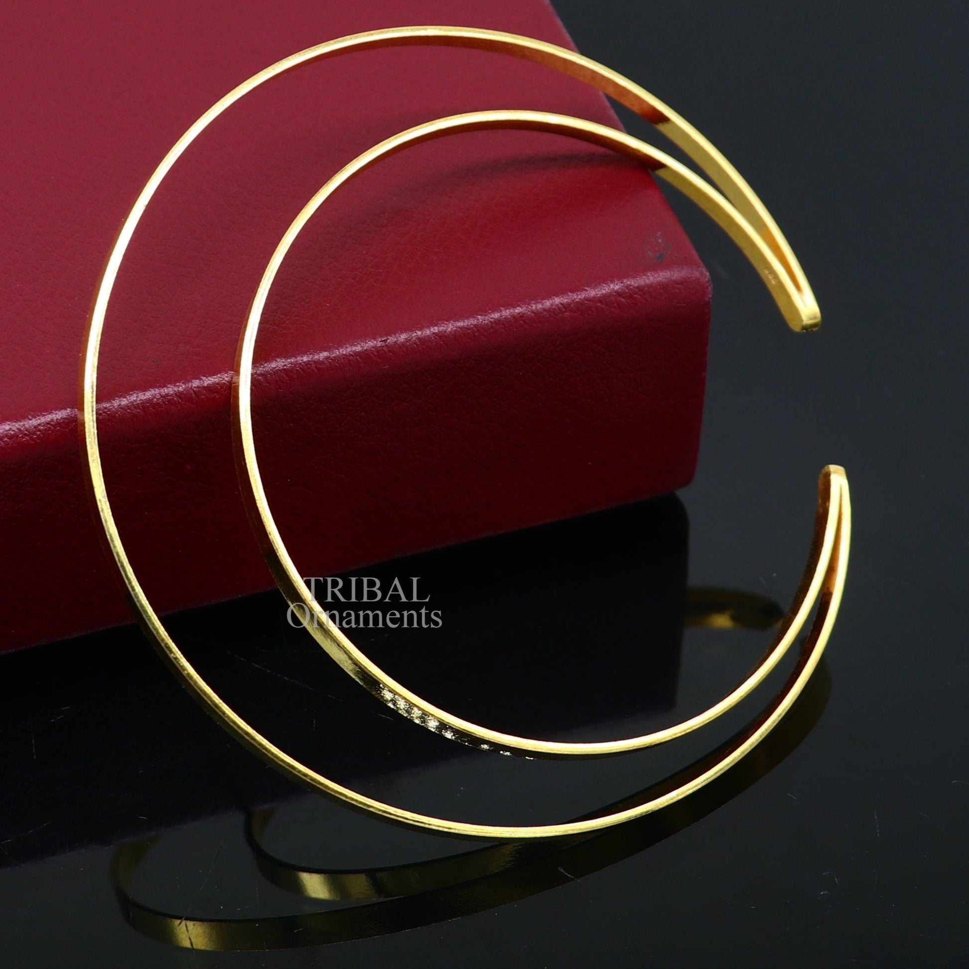 925 sterling silver handmade gold polished bangle bracelet double layer cuff kada jewelry, tribal belly dance jewelry from india hnssk731 - TRIBAL ORNAMENTS