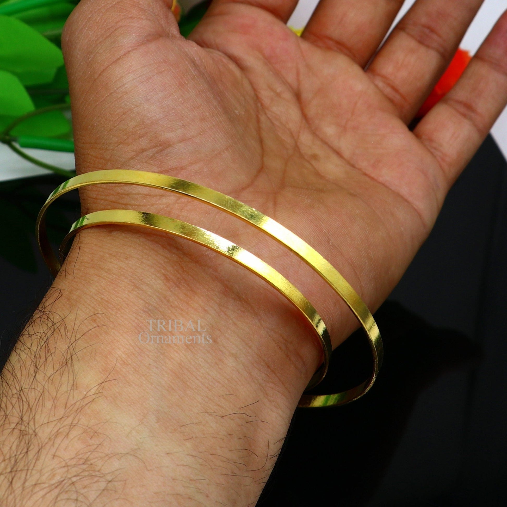 925 sterling silver handmade gold polished bangle bracelet double layer cuff kada jewelry, tribal belly dance jewelry from india hnssk731 - TRIBAL ORNAMENTS