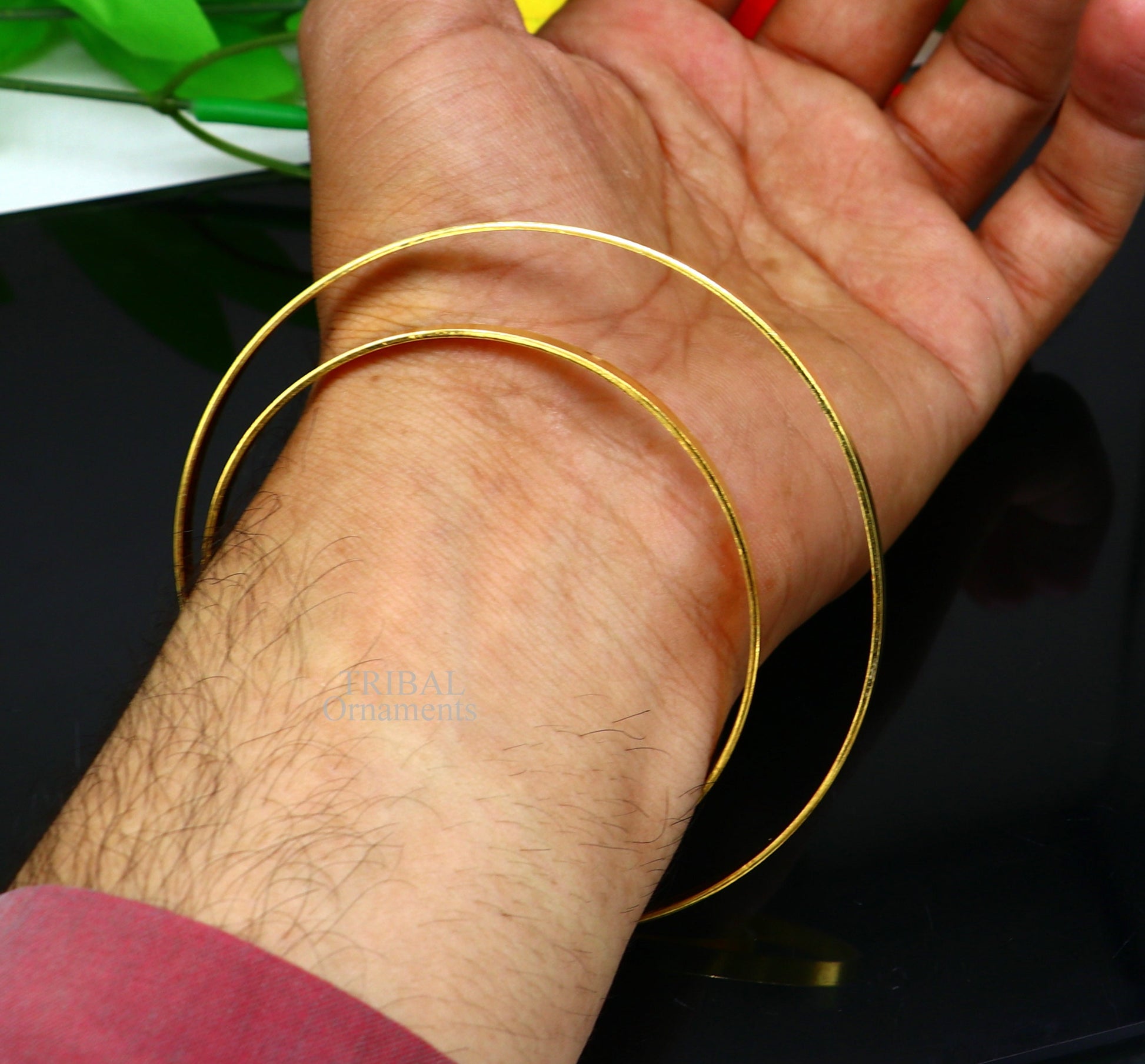 925 sterling silver handmade gold polished bangle bracelet double layer cuff kada jewelry, tribal belly dance jewelry from india hnssk731 - TRIBAL ORNAMENTS