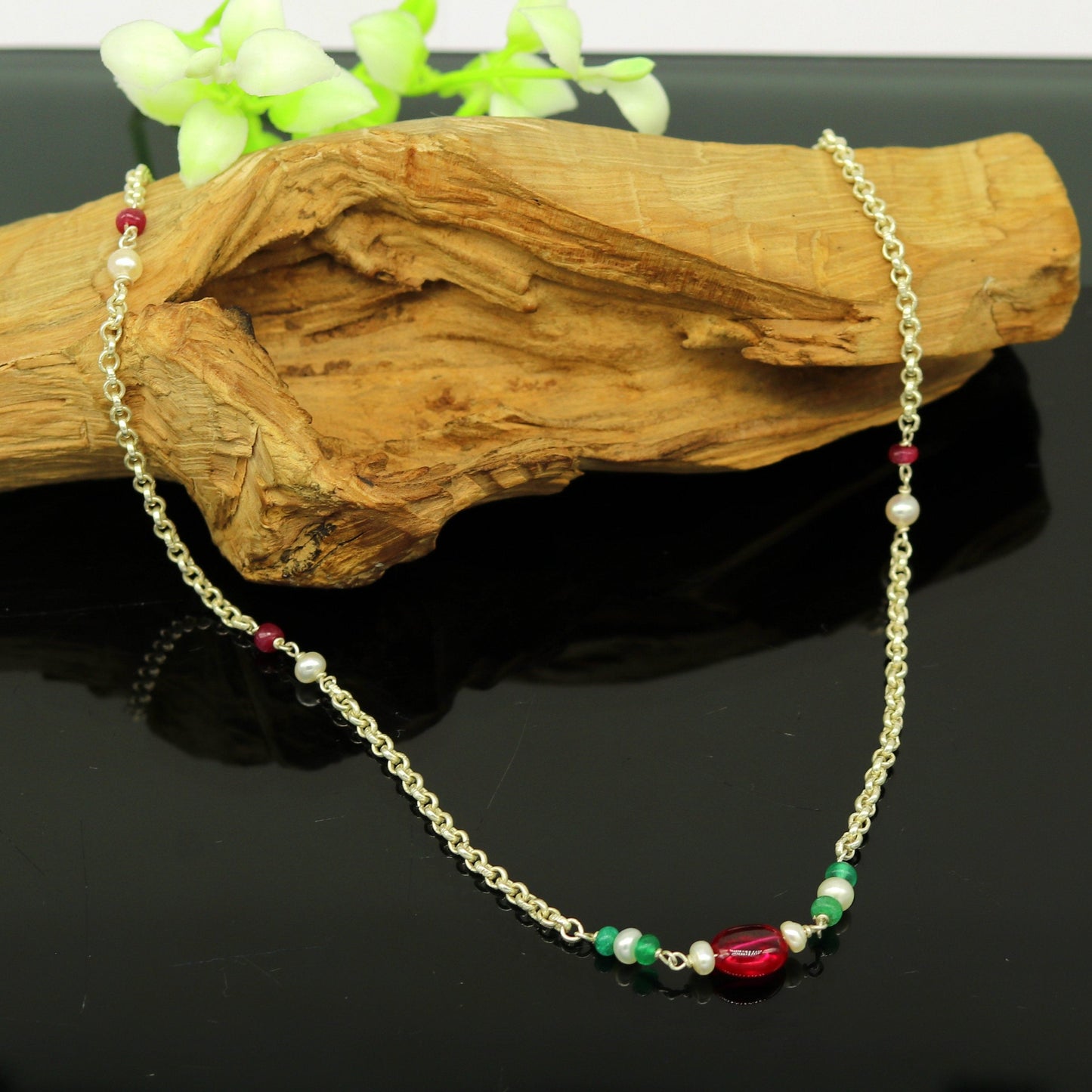Handmade 925 sterling silver beaded necklace by TRIBAL ORNAMENTS, stylish and customizable for bridesmaid, belly dance, or daily wear.