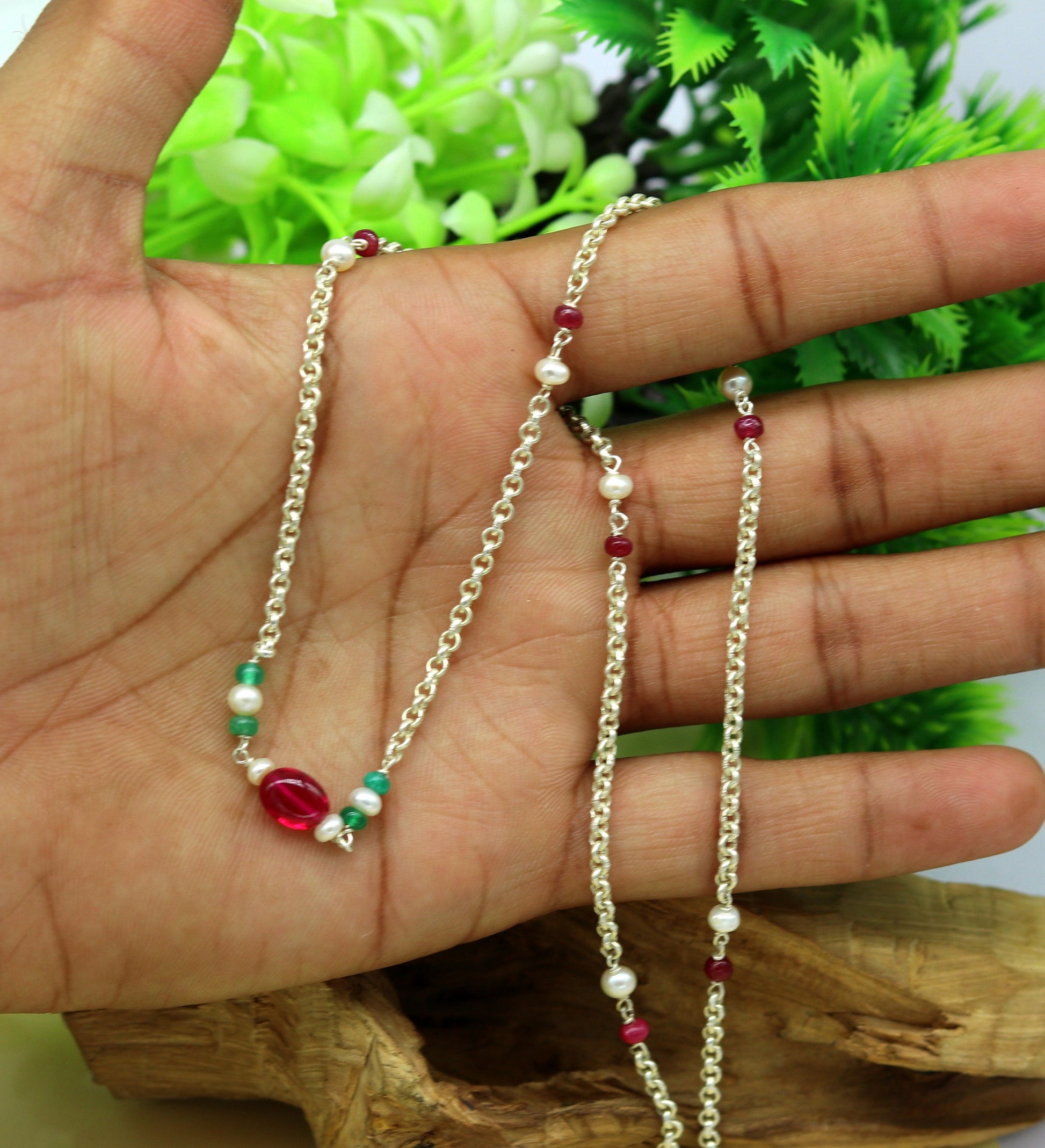 Sterling silver beaded necklace by TRIBAL ORNAMENTS, handmade with colorful beads, suitable for bridesmaids, belly dance, or daily wear.
