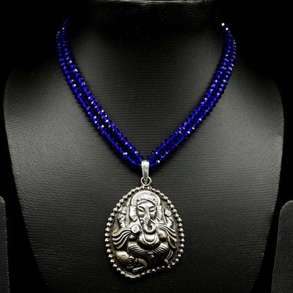 Sterling silver tribal necklace with blue agate stone beads and Ganesha pendant, adjustable design, traditional temple jewelry style.