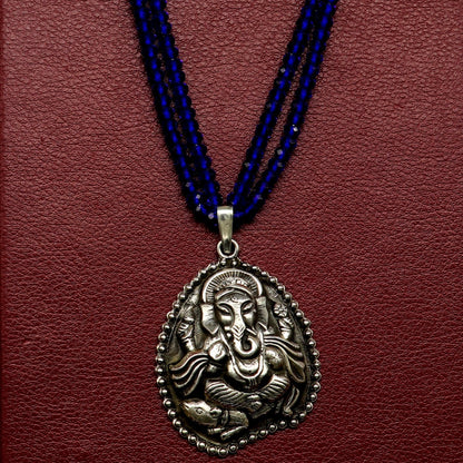 925 sterling silver tribal necklace with blue agate stone beads and Ganesha pendant, adjustable length, traditional temple jewelry style