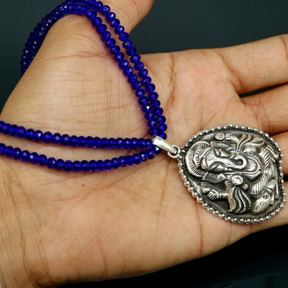925 sterling silver tribal necklace with blue agate stone beads, Ganesha pendant, adjustable strap, traditional temple jewelry style