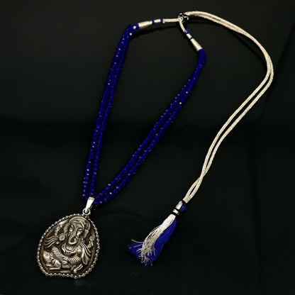 925 sterling silver necklace with blue agate stone beads, Ganesha pendant, adjustable tribal temple jewelry set by Tribal Ornaments