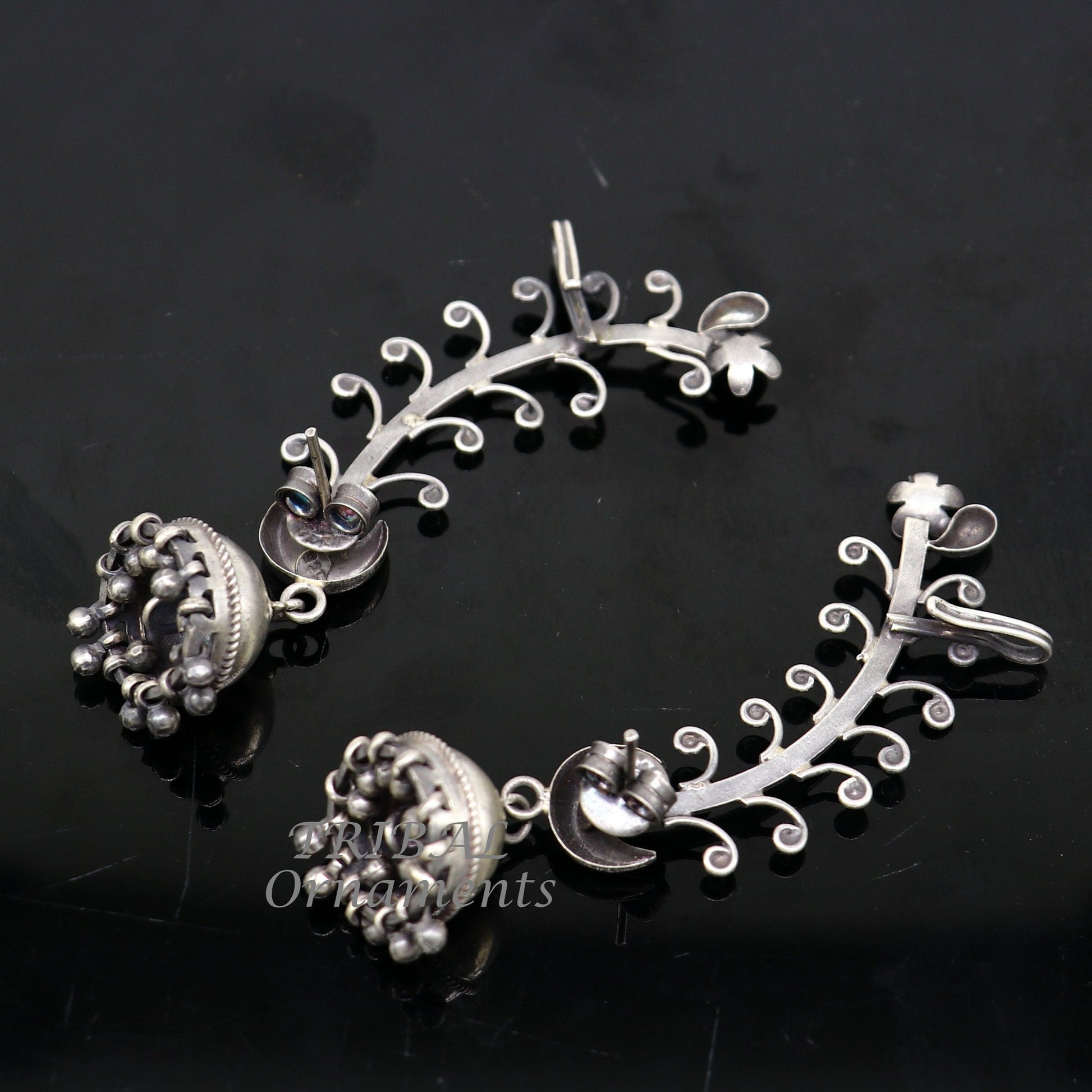 Sterling silver handmade cartilage stud earring with tribal design and ear clip, ideal for belly dance or tribal jewelry gifting.