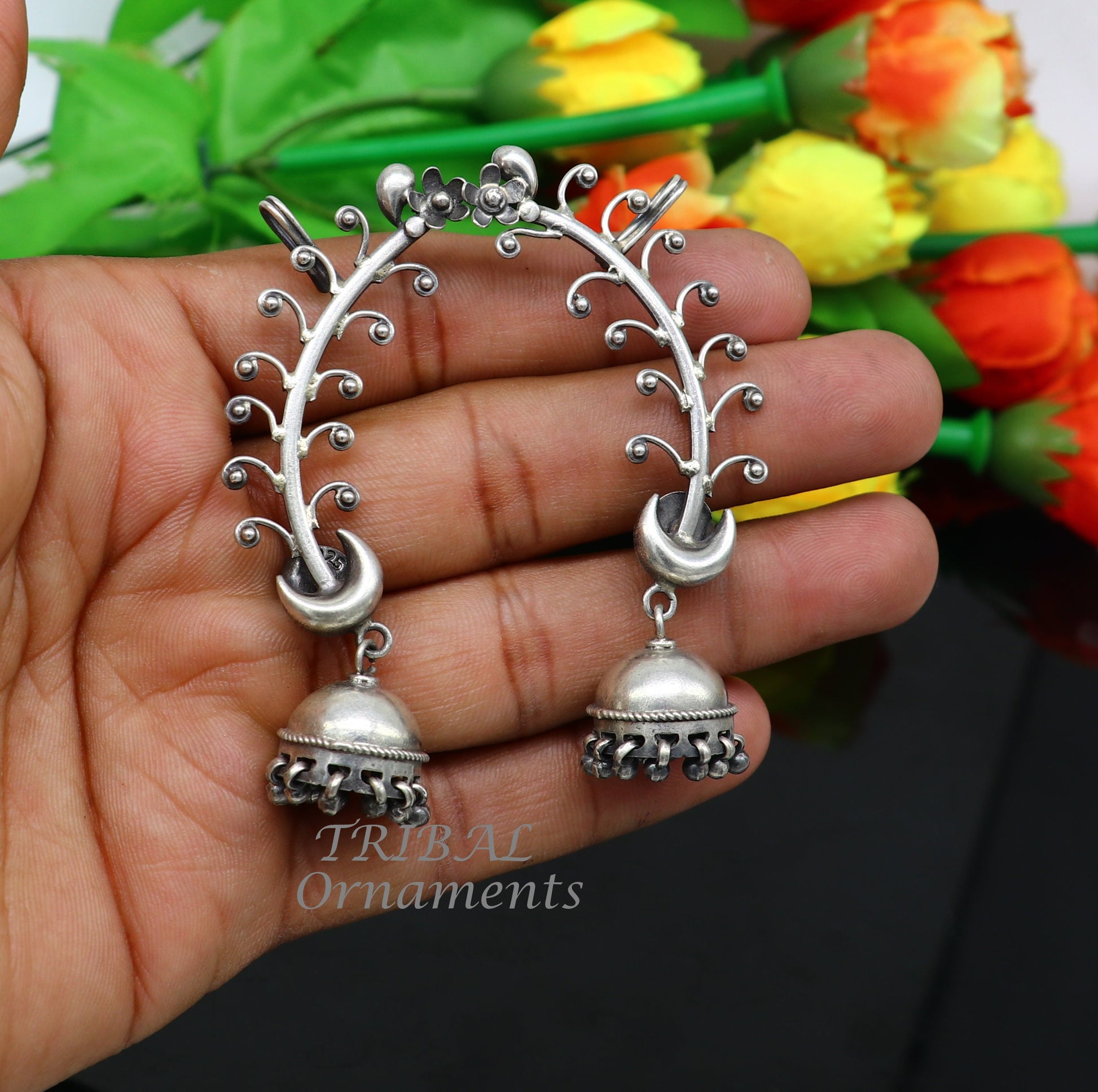 Sterling silver handmade cartilage stud earring and ear clip with tribal design, ideal for belly dance or tribal jewelry gifting.