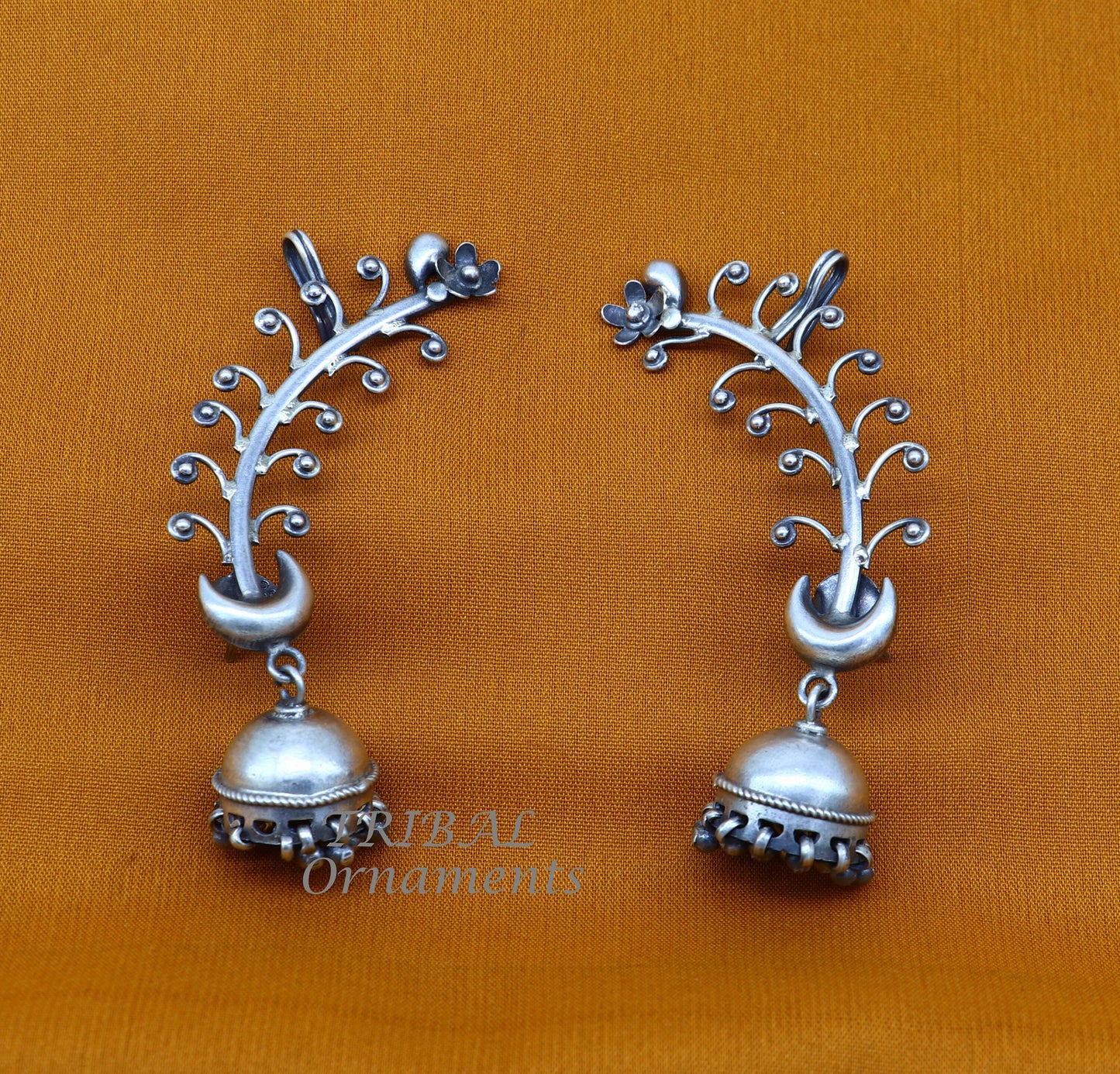 Handmade 925 sterling silver cartilage stud earring and ear clip with tribal design, ideal for belly dance and tribal jewelry gifting.