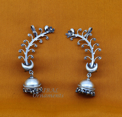 Handmade 925 sterling silver cartilage stud earring and ear clip with tribal design, ideal for belly dance and tribal jewelry gifting.