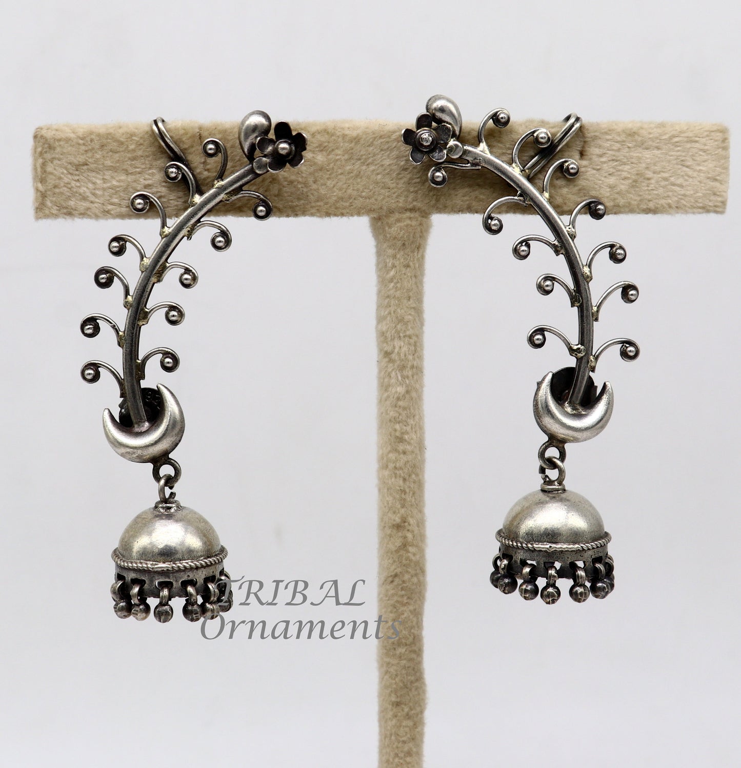 Sterling silver handmade cartilage stud earring with tribal design, featuring a fabulous ear clip and intricate tribal jewelry details.