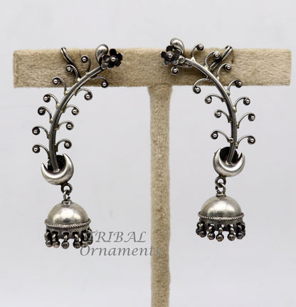 Sterling silver handmade cartilage stud earring with tribal design, featuring a fabulous ear clip and intricate tribal jewelry details.