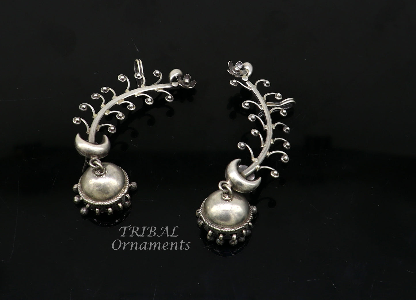 Handmade 925 sterling silver cartilage stud earring with tribal design, featuring an ear clip and belly dance-inspired jewelry style.