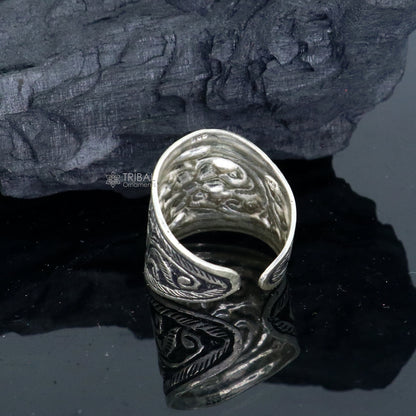925 Sterling silver handmade tribal thumb and finger ring with chitai work, adjustable band, suitable for girls and boys.