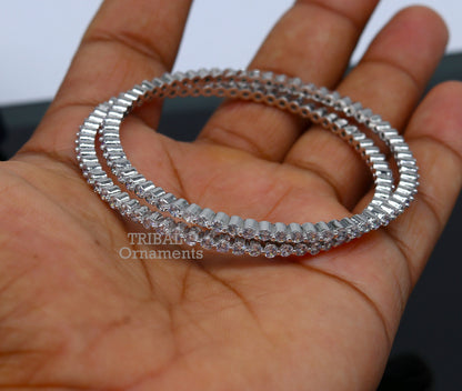Sterling silver handmade bangle bracelet with cubic zirconia, featuring intricate tribal design, perfect for women and girls.